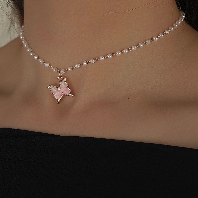 Small Daisy Cherry Rhinestone Butterfly Imitation Pearl Woman Cute Clavicle Chain Necklace Korean Fashion Jewelry Accessories Best Gift for Girlfriend and Mom