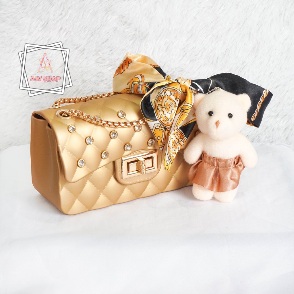 Tas Selempang Wanita Jelly Matte Kotak Diamond Size 18 Cm (Gratis Boneka Dan Syal)