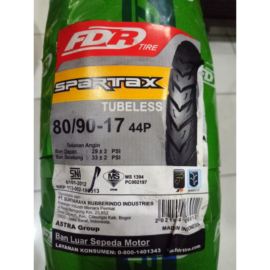 Ban Motor Ring 17 FDR 80/90-17 Spartax Tubeless Original dan Baru