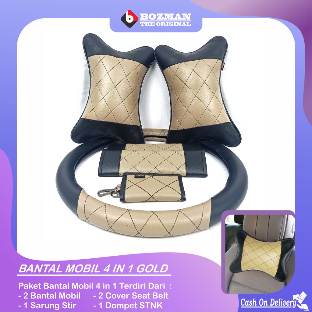 Bantal Mobil Set 4 In 1 Gold Premium/ Aksesories Mobil Bantal Mobil Sarung Stir Cover Seatbelt Dompet STNK