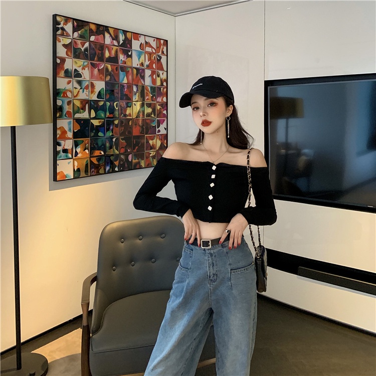 yikoo-Cropped Top Off Shoulder Sexy Casual Wanita Atasan Fashion