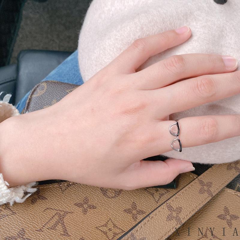 Xia.id Cincin Model Terbuka Desain Kacamata Enamel Adjustable Untuk Wanita