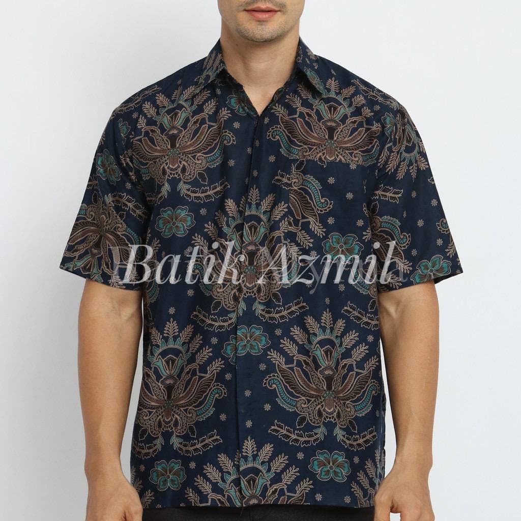 Batik Pria Lengan Pendek BATIK AZMIL HRB026 motif KERATONAN Kode 002 size M L XL-Hem pisang