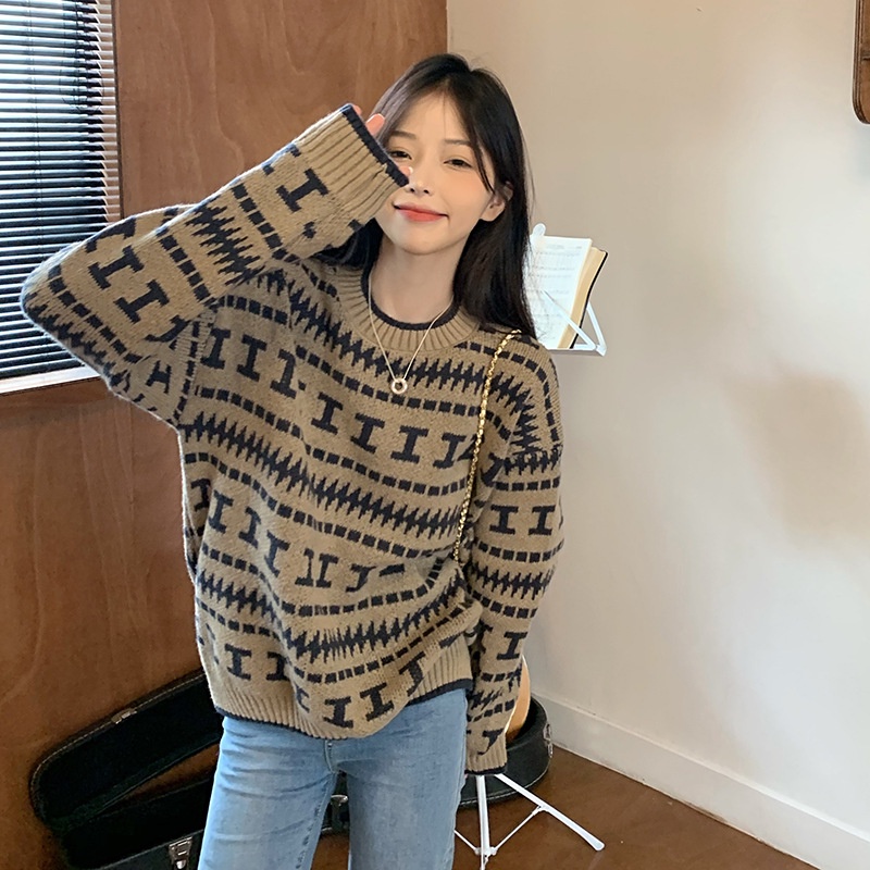 Sweater Pullover Leher Bulat Jacquard Longgar Yang Chic Untuk Wanita