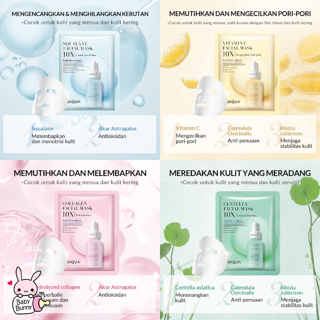 ❤ BELIA ❤ BIOAQUA Cosmetics Sheet Mask Plant Fruit Facial Mask Brightening Moisturizing Skin Care | Hydrating Essence Face Mask Brightening | BPOM