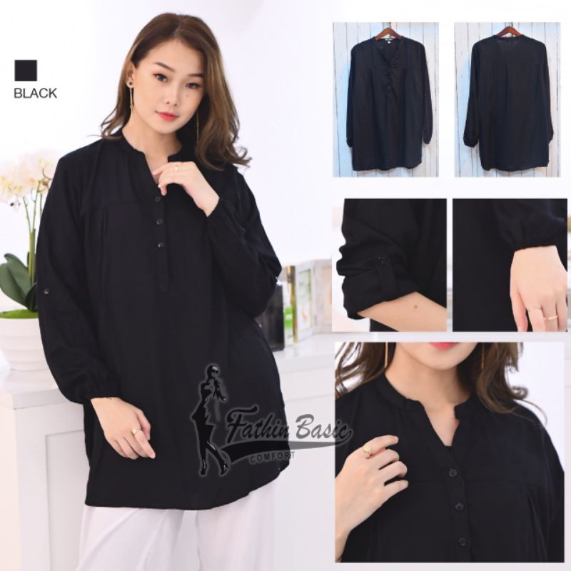 Blus Polos Hitam - Blouse Polos Rayon - Black - Fathin Basic - SHOPIE Hijabstyle - Polos Hitam-Blus Hitam