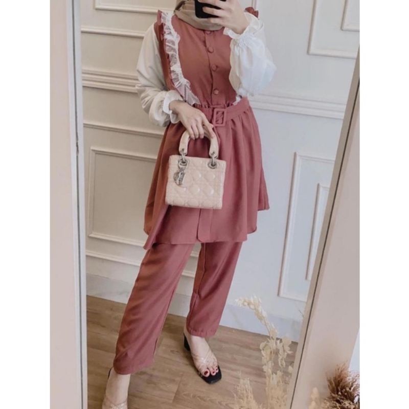 Set Belty Lace Free Belt Cantik Set Tunik Busui setelan baju wanita setelan tunik setelan celana kem
