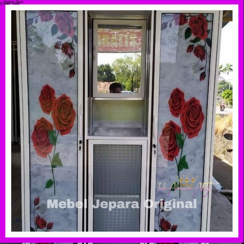 Lemari Pakaian Kaca Motif Bunga Pintu 3 Bahan Alumunium Kaca