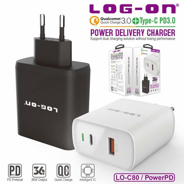 CHARGER - TC LOG ON QUALCOMM QUICK CHARGER 3.0+ POWER DELIVERY USB C LO-C80