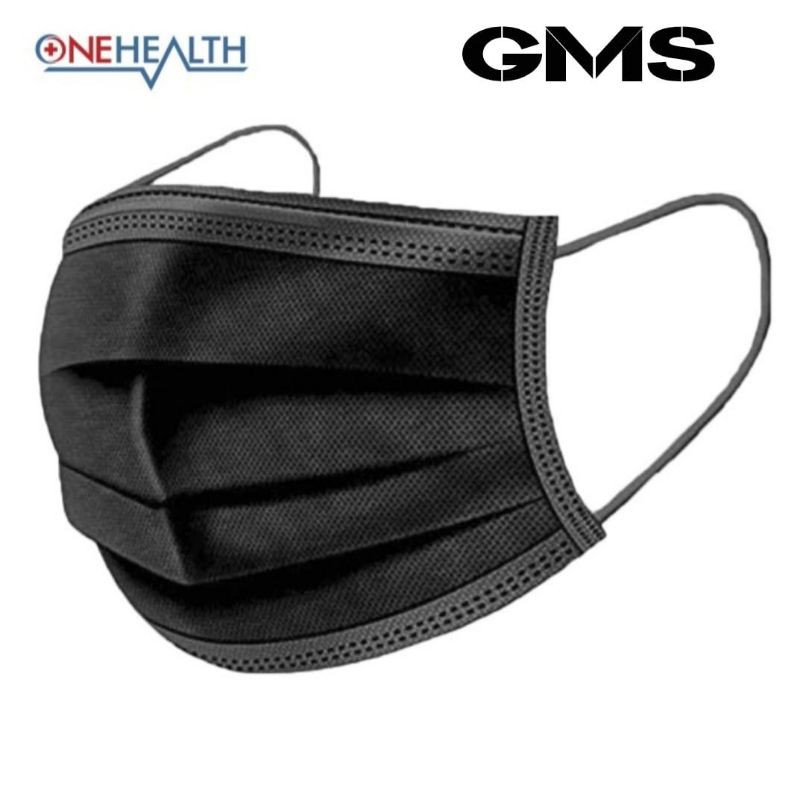 Masker 3 Ply OneHealth Earloop Black Edition Per Box isi 50 Pcs / Disposable Face Mask Black