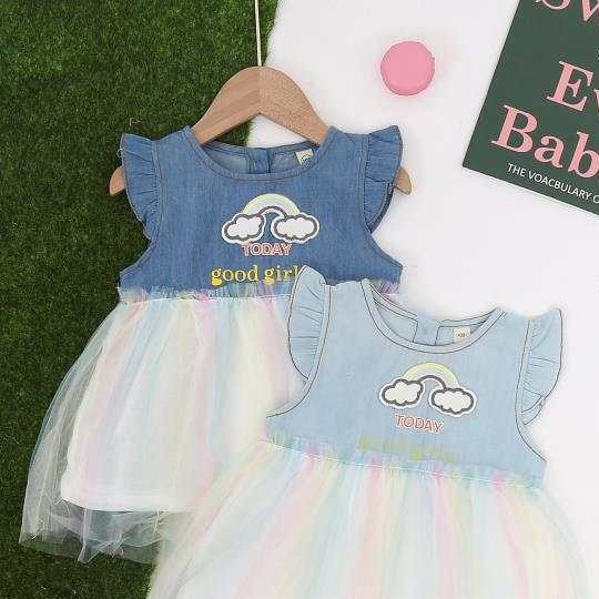 LittleAaron DRESS DENIM RAINBOW TODAY 219 EBV Baju Dress Anak Perempuan Import Model Gaun