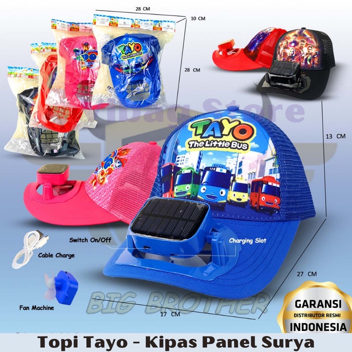 Topi Gambar Tayo Kipas Tenaga Surya Charger BigBrother Baterai BRO1410
