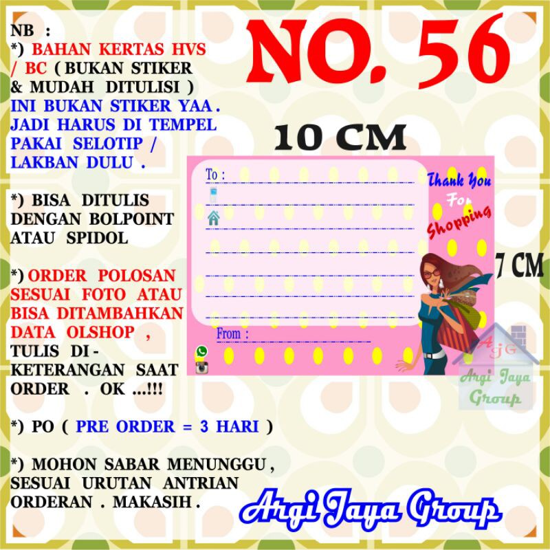 

Label Pengiriman Alamat Olshop Murah Nomer 56 - 10x7cm - Kertas BC (Manila)