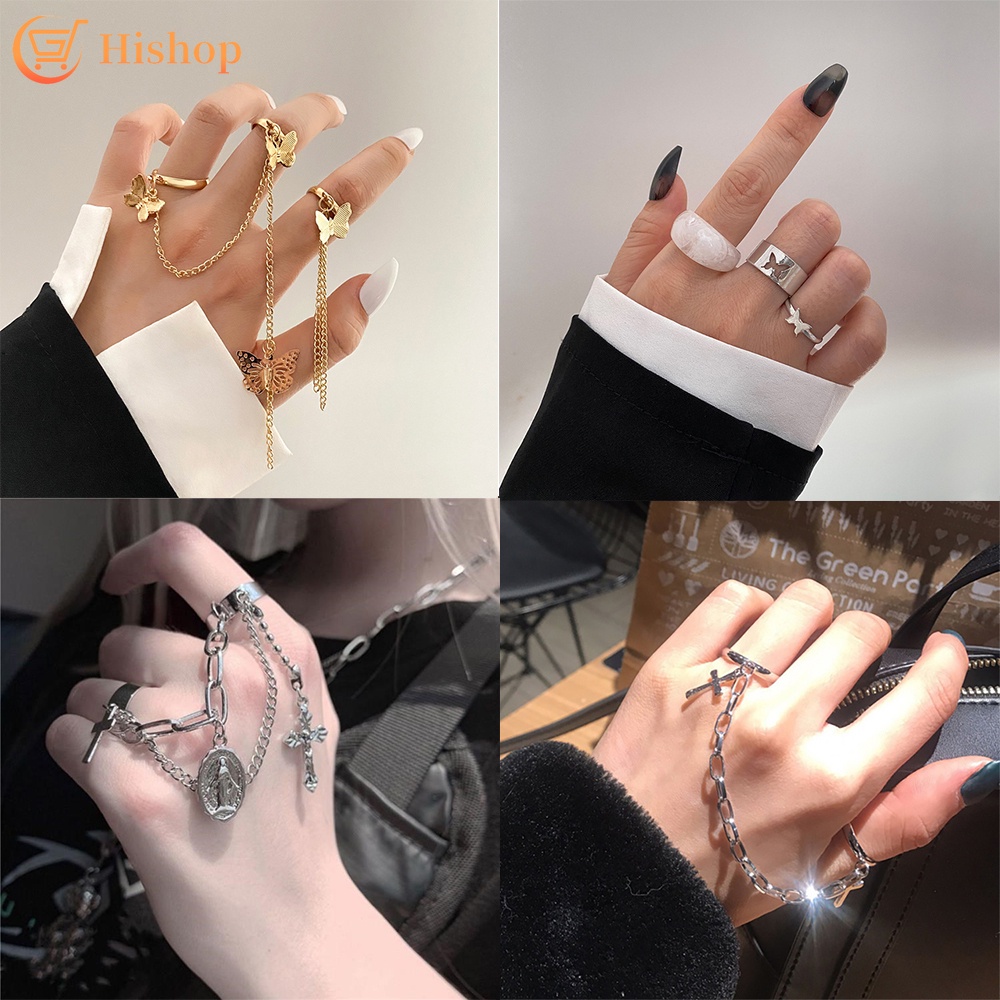 Cincin Model Terbuka Desain Kupu-Kupu Hias Mutiara Gaya Punkhip Hop Adjustable Untuk Wanita