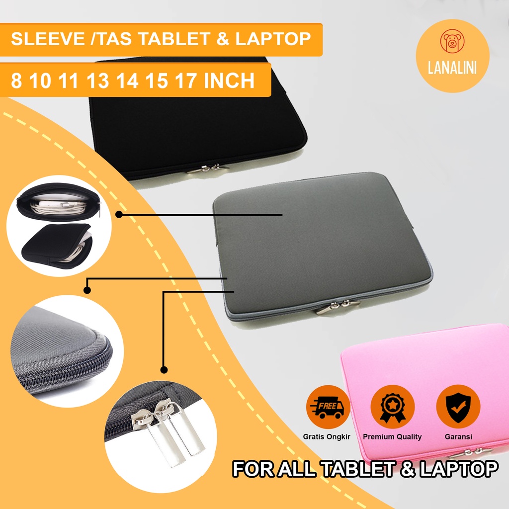 Sleeve Pouch Sarung Tas Bag Case Ipad Tab Tablet Macbook Air Pro Laptop Asus Acer Lenovo HP Huawei 11 12 13 14 15 16 17 inch Motif Gambar Polos Warna Hitam Abu Pink Lucu Cute Murah Korean Model