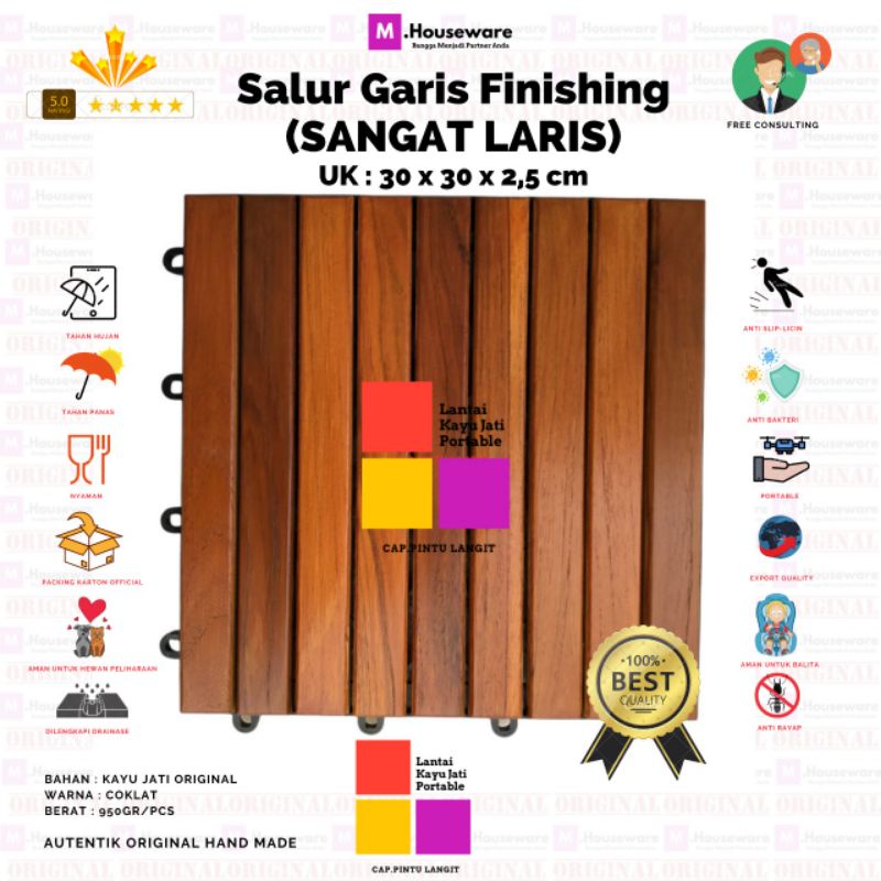 Lantai kayu jati Decking Tile bongkar pasang UK 30x30cm Motif SALUR Kecil