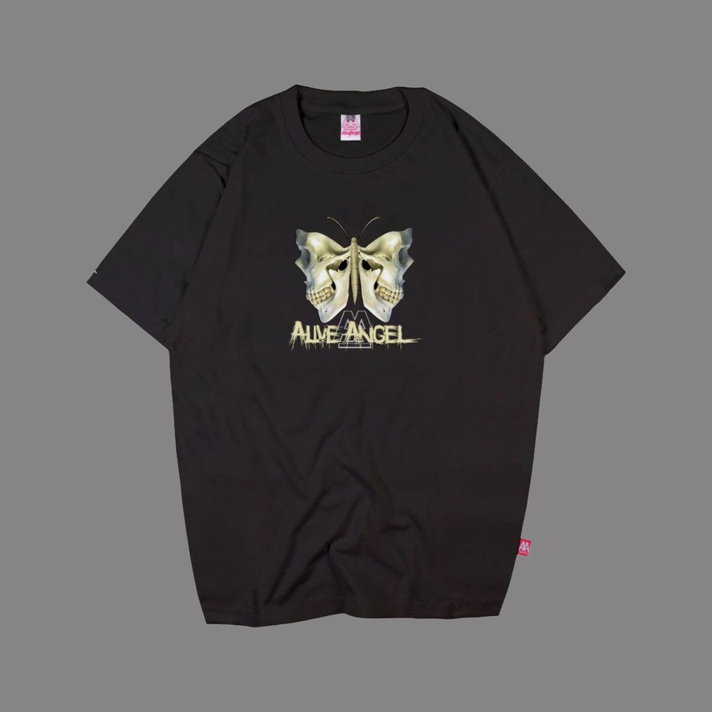 KAOS DISTRO ORIGINAL ALIVE ANGEL BUTTERFLY SKULL / KAOS KUPU KUPU HITAM / KAOS TENGKORAK / LARVA / L