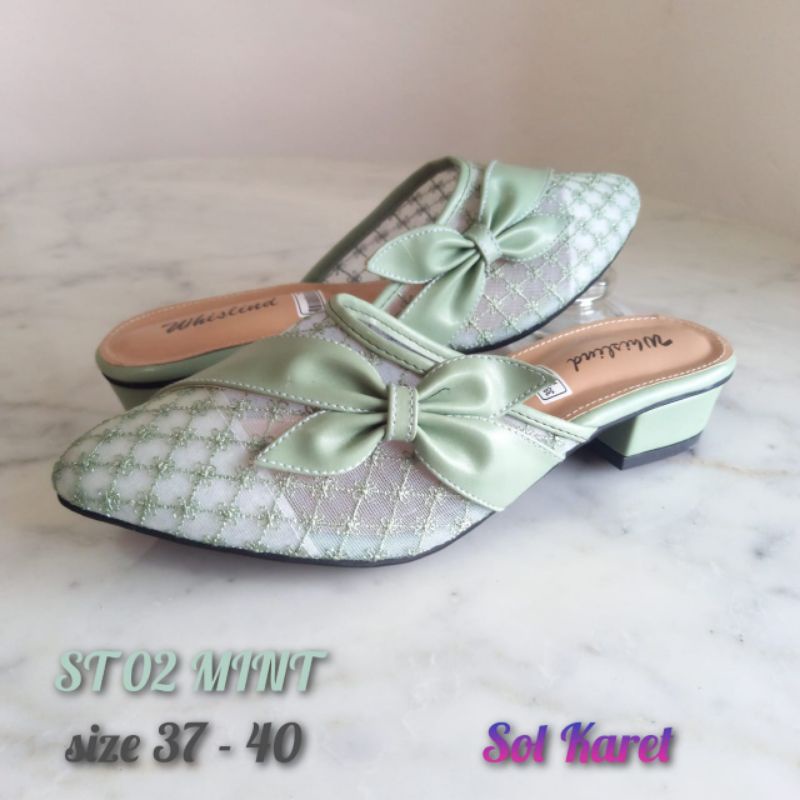 WHISLIND SEPATU SENDAL HAK 3 CM PITA BROKAT JALA ALAS KARET MULES