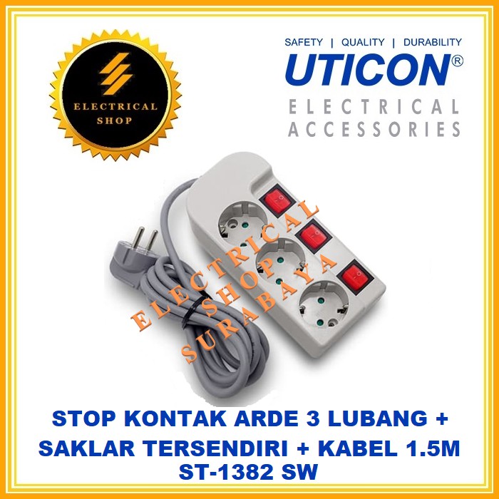 UTICON STOP KONTAK ARDE CP 3 LUBANG ST-1382SW + SAKLAR KABEL 1.5M (GROSIR) ST 1382 SW 1,5M 2P LOBANG