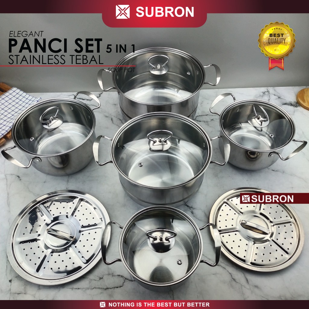 SUBRON Stock Pot Set Panci Tinggi Soup Tutup Stainless 5in1 + Steamer