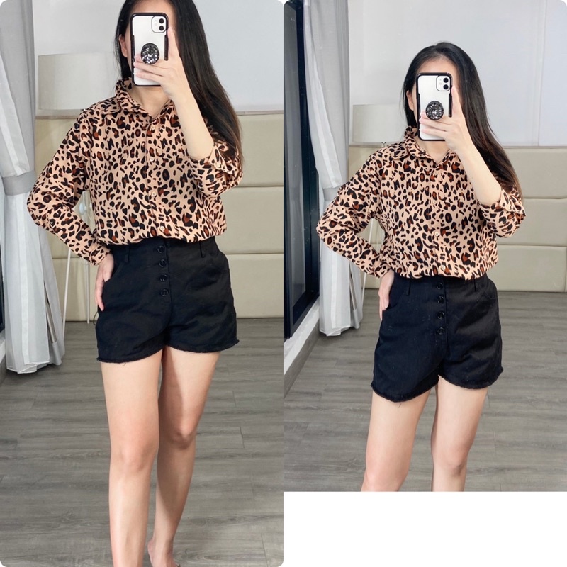 atasan tunik leopard putih / kemeja panjang leopard / tunik kemeja wanita / tunik leopard