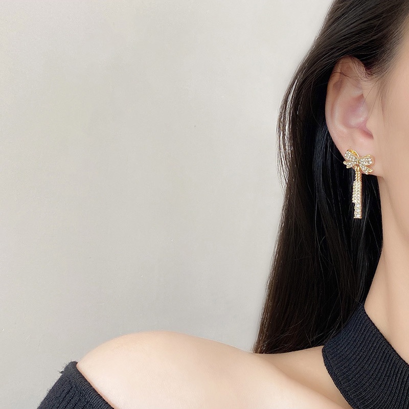 Anting Tusuk Gantung Sterling silver 925 Desain Pita + Rumbai Hias Berlian Untuk Wanita