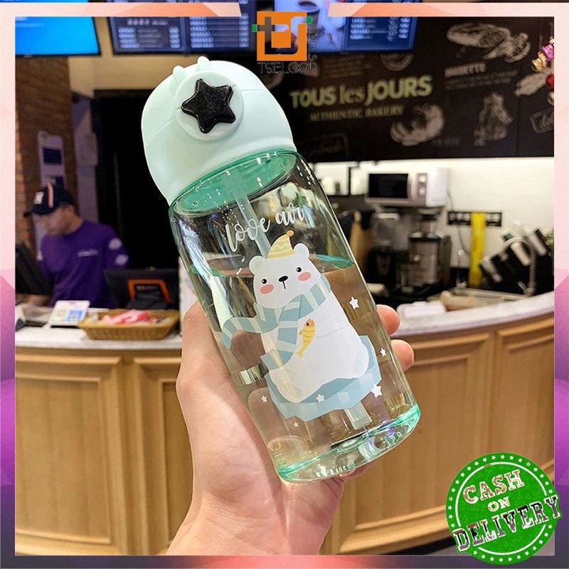 Botol Air Minum 520ML Tombol Bintang / Botol Minum Anak Lucu Motif Karakter Imut dengan Sedotan BPA FREE