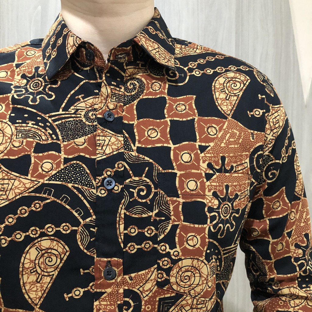 [GRIDLINE - LS071 Nature Black &amp; LS067 Colorful Black &amp; LS032 Light Brown] Kemeja Batik SlimFit Pria Katun Lengan Panjang Motif Elegan