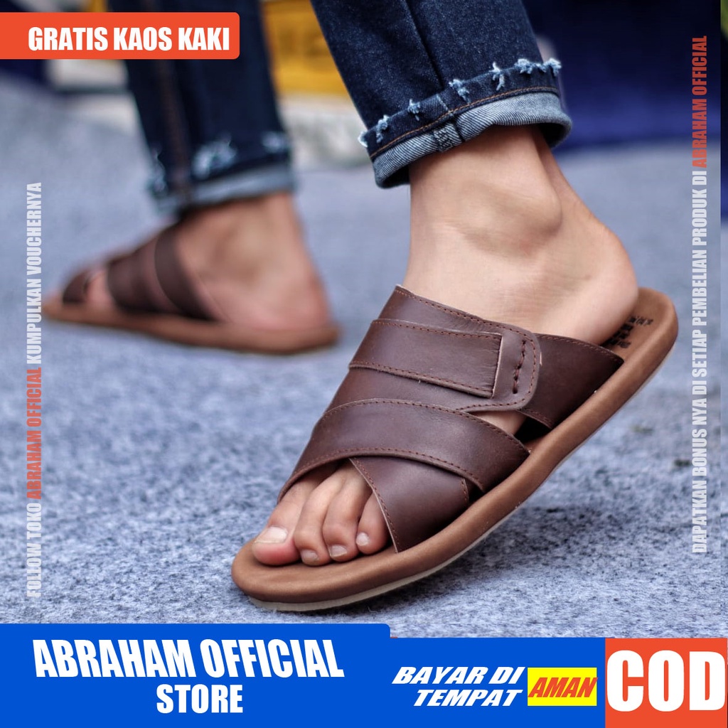 ABRHM X EXO Sandal Slide Pria Kulit Asli Sandal Slop Pria Keren Sandal Selop Cowok Cowo Kekinian Ori