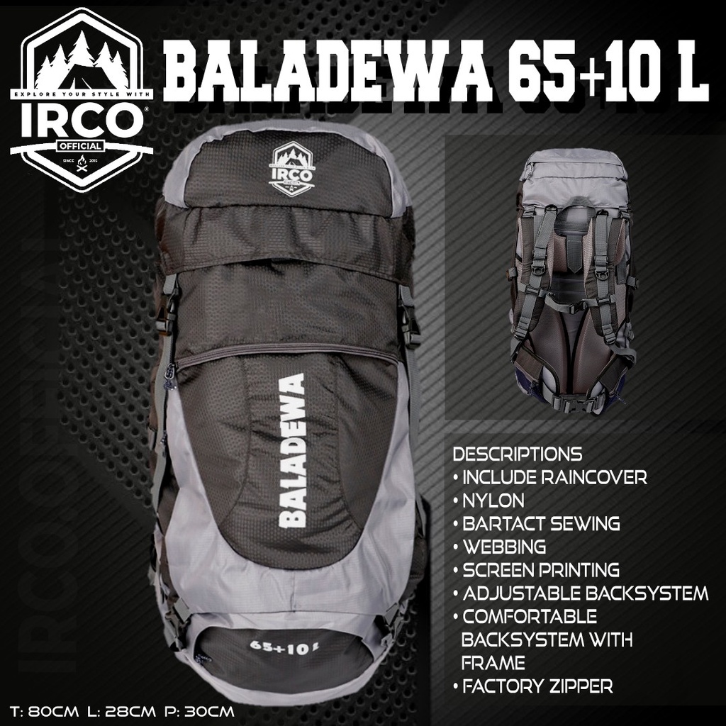 Tas Ransel Carrier Gunung Hiking 65 Liter Pria Original - Irco Baladewa Hitam