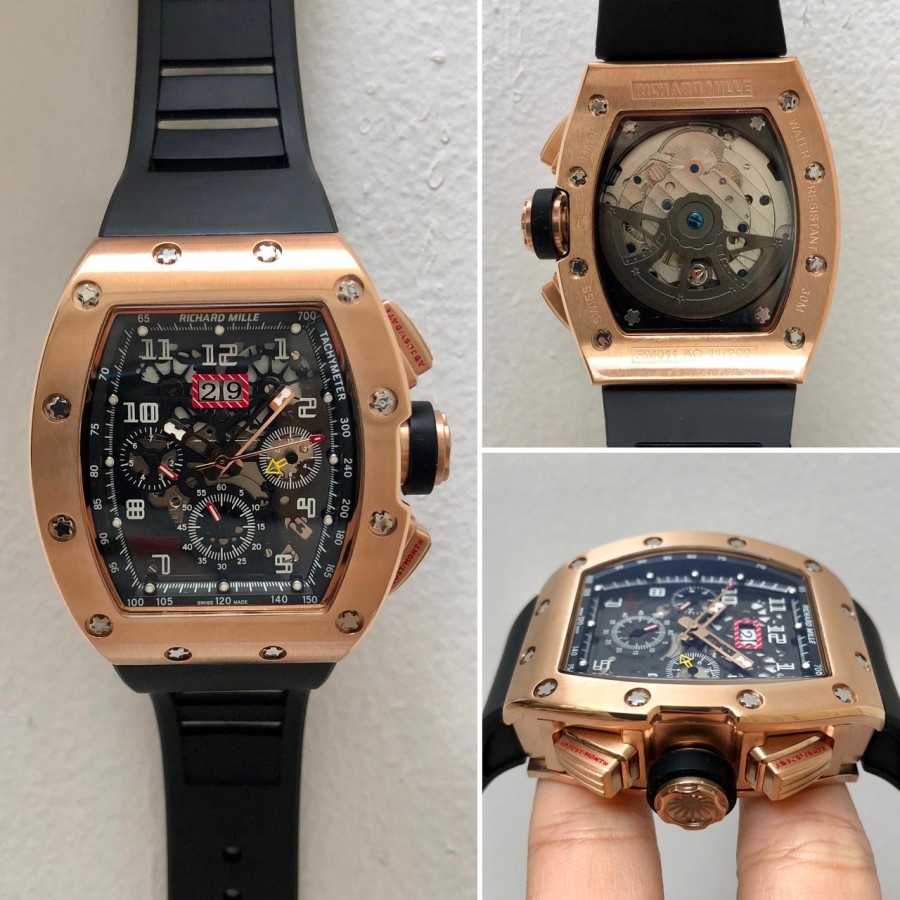 FLASH SALE JAM TANGAN RM 011 ROSEGOLD BODY RUBBER BLACK LIMITED EDITION GARANSI 1 TH