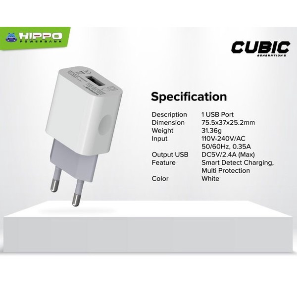 Hippo Adaptor Cubic Gen 2 2.4A SDC USB Adapter Kepala Casan Colokan Charger Charging Rumah Type C Iphone Micro Travel Dual Port Output USB A USB C