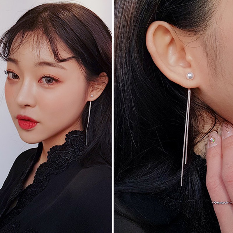 Anting Tusuk Panjang Mutiara Pearl Berlian Imitasi Rumbai Pearl Snake Chain Tassel Earrings Korean