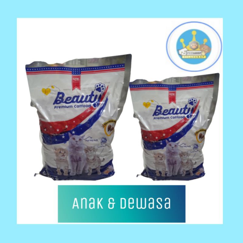 Beauty Permium Cat food Adult cats kitten 1kg Repaick chiken salmon flavour makanan kucing segala usia promo