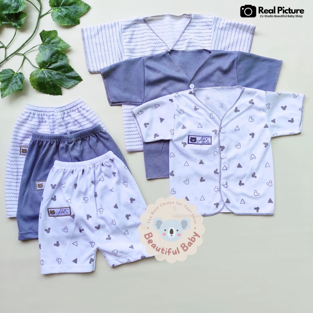 Baby.ou - 3 Stel Setelan Baju Bayi Baru Lahir Tangan Pendek Celana Pendek Usia 0 sd 3 Bulan Motif ABU SERIES - Setelan Baju Bayi Pendek Newborn Abu  - Celana Pendek Bayi