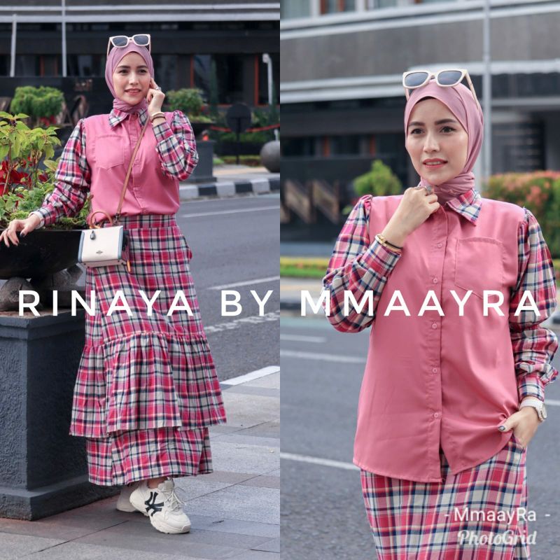 rinaya set by mmaayra setelan rok atasan toyobo mix flanel casual jalan jalan ootd hijab