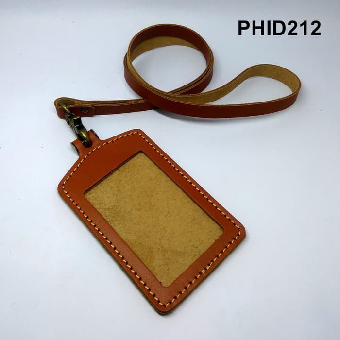 

gantungan ID card kulit asli warna tan tali id card holder PHID212