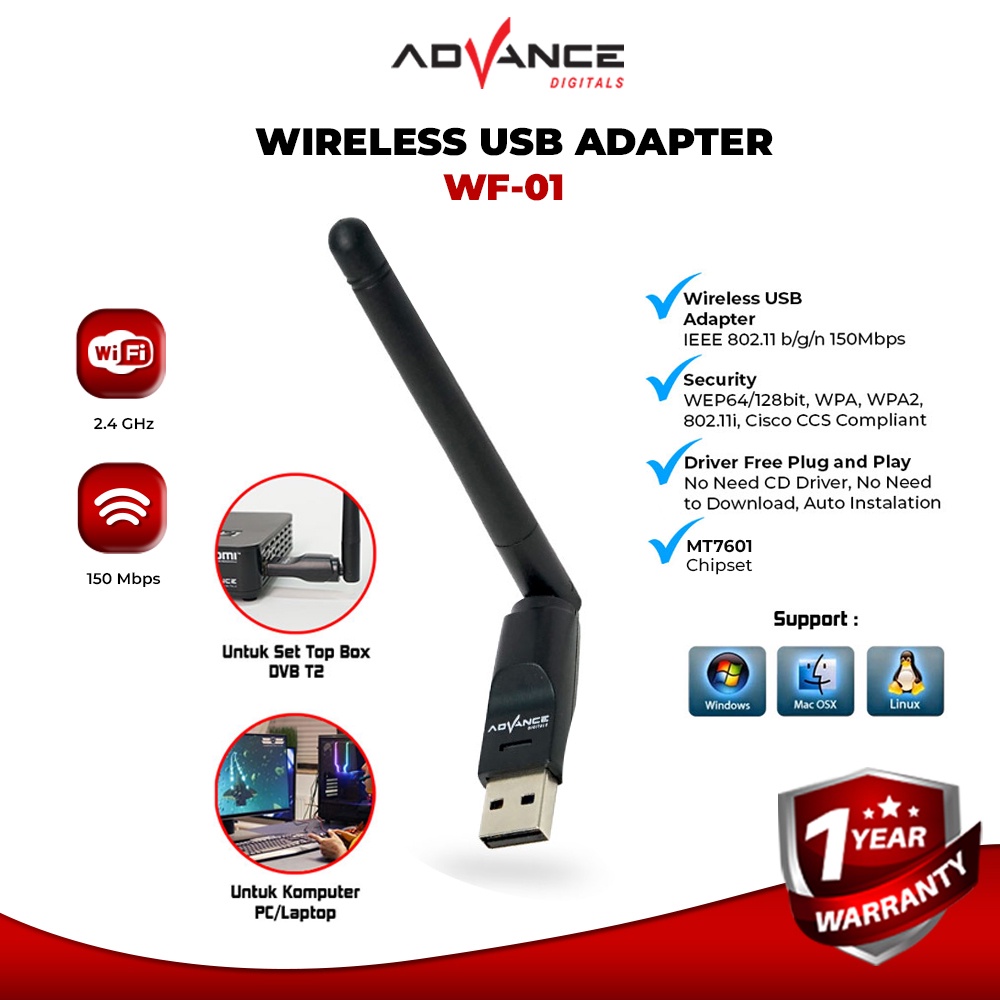 Advance USB Dongle Wifi Wireless Adapter Receiver WF-01 Komputer PC Laptop Set Top Box 150Mbps