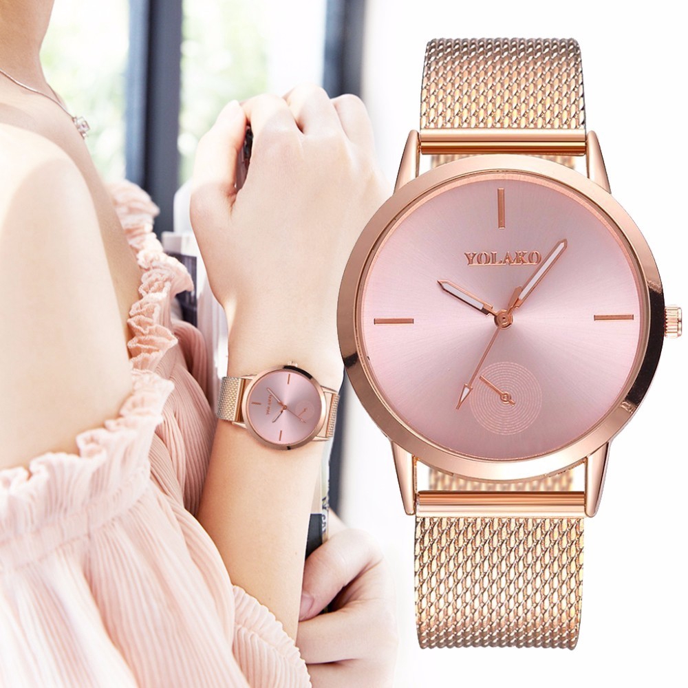 Jam Tangan Quartz Simpel Warna Rose Gold Silver Strap 