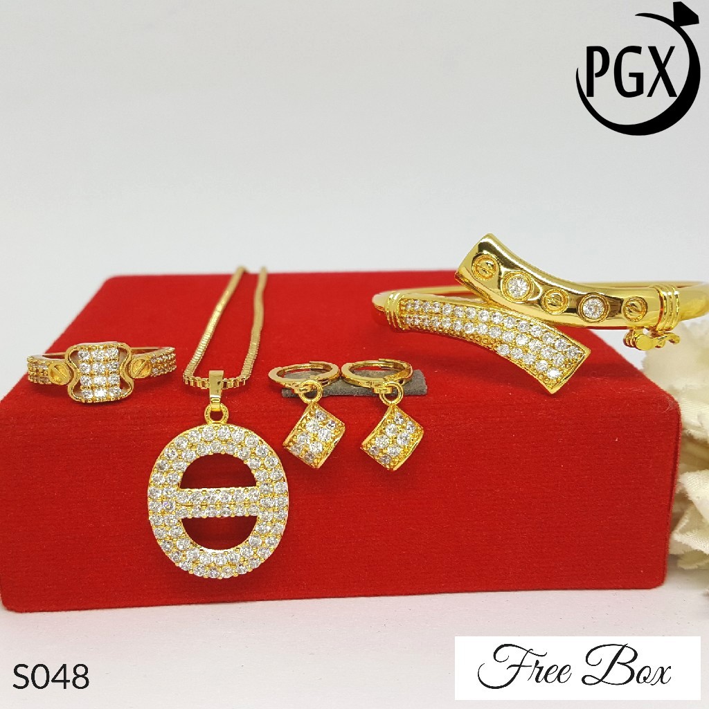 PGX Set Perhiasan Xuping Cincin Gelang Kalung Anting Lapis Emas - S048