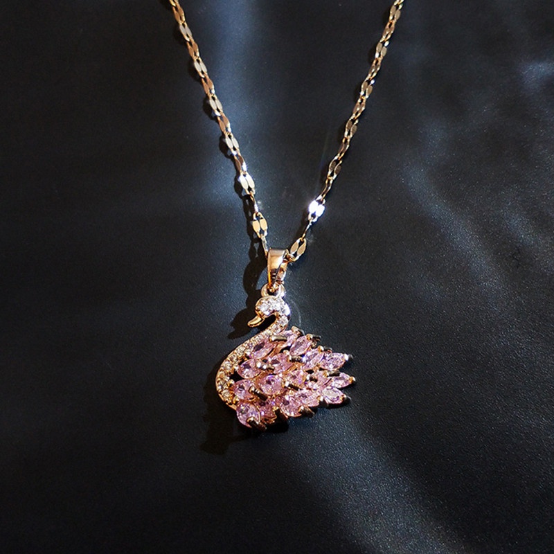 Kalung Titanium Angsa Swan Wanita Anti Karat Emas 18k Berlian Kristal Perhiasan Korea