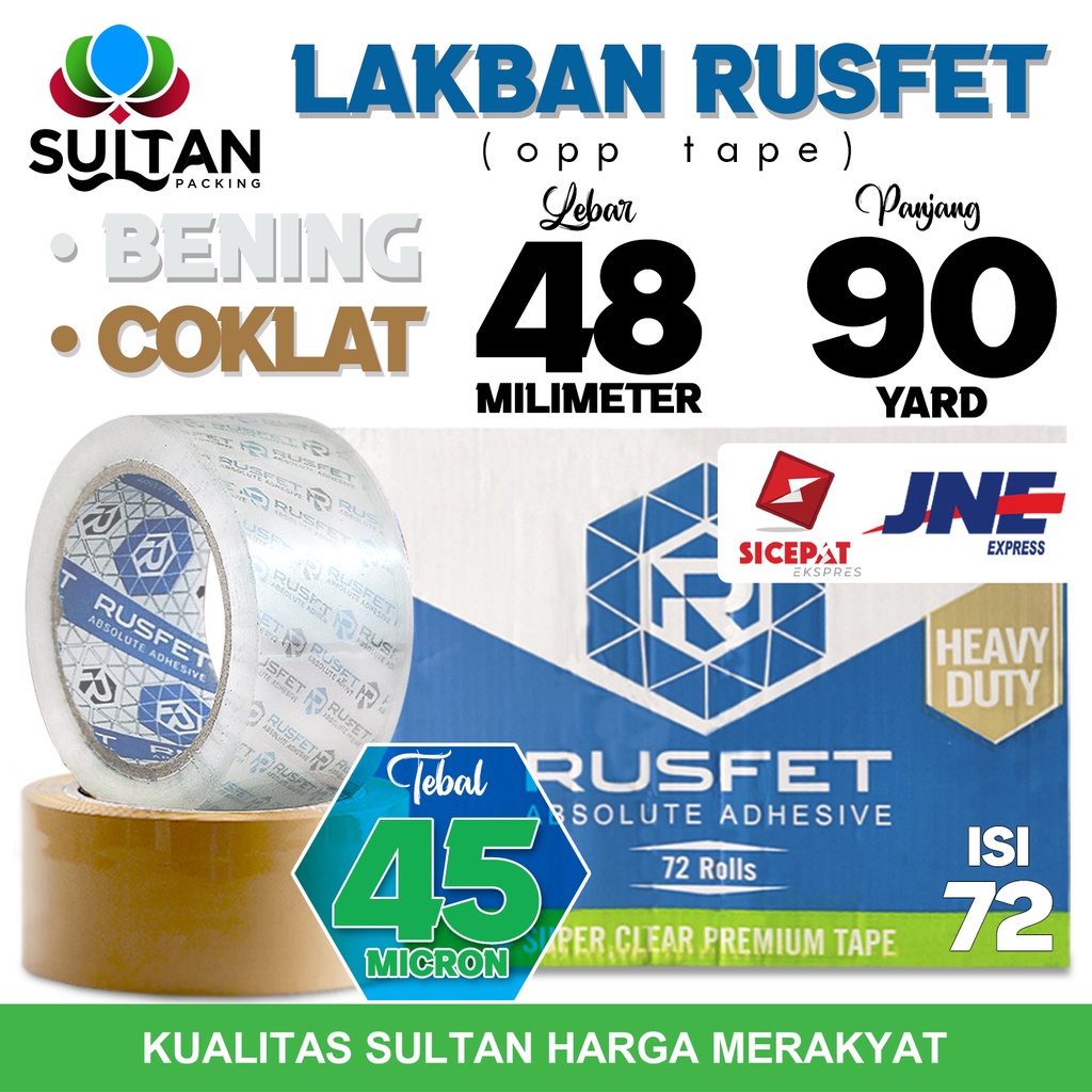 

Lakban RUSFET 48mm x 90yard Isolasi Selotip OPP Tape Plakban Packing PREMIUM KARGO / DUS