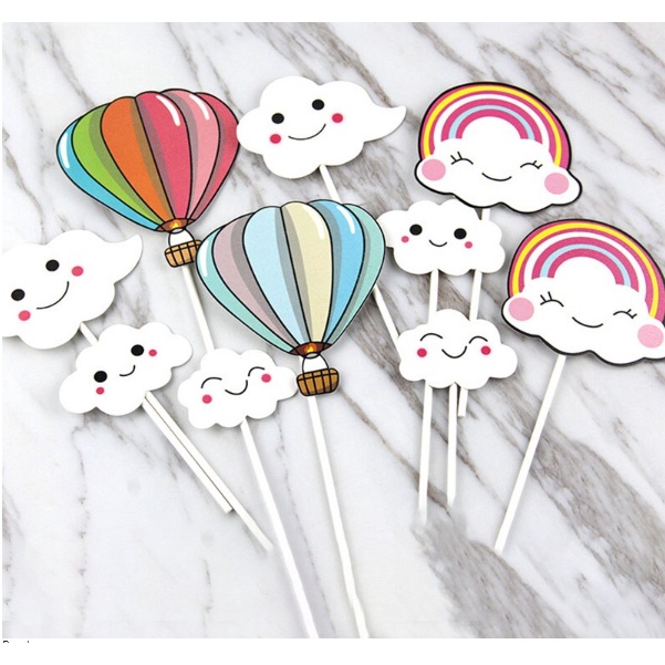 Jual Topper Cake Ulang Tahun Cute Awan Balon Udara Berwarna Warni Mini