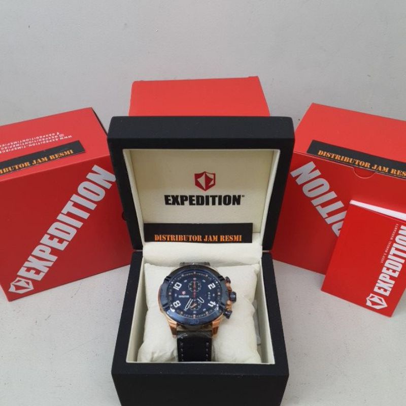 Jam Tangan Pria Expedition E6763M E 6763 M E6763M E 6763M Rose Gold Blue Dial Blue Black Leather Cro