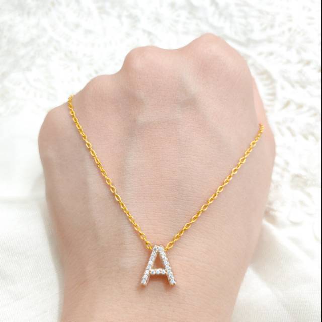 Set kalung dan liontin wanita huruf A korean style emas asli