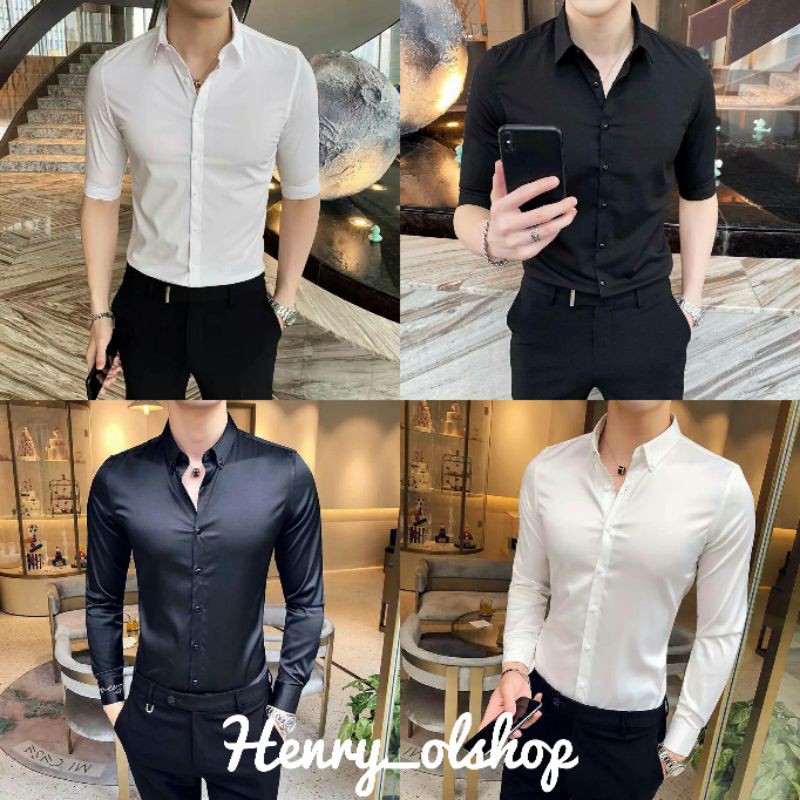 KEMEJA FASHION PRIA POLOS KEKINIAN MODEL KOREA STYLE PAKAIAN COWOK CARLIE CARLOS WARNA PUTIH HITAM