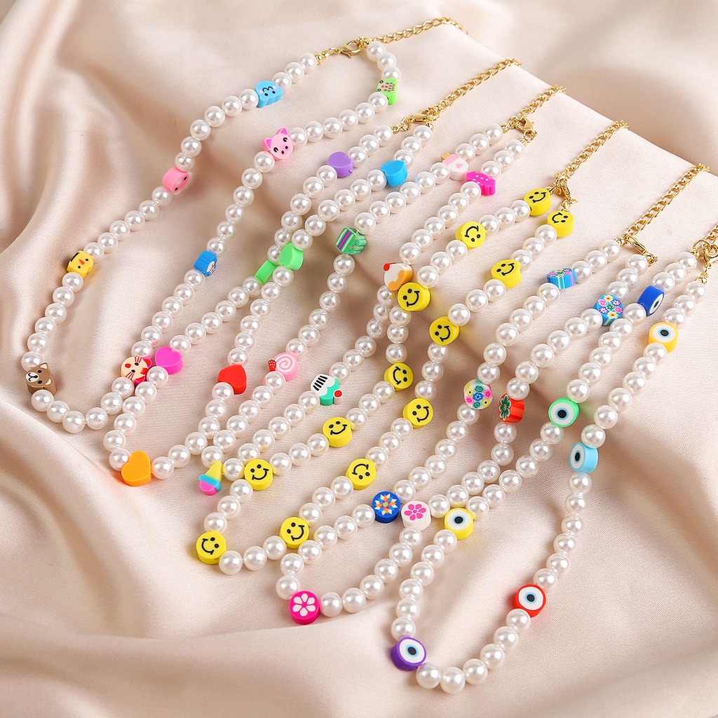 IFYOU Colorful Flower Smiley Heart Necklace Pearl Beads Chain Choker for Women Accessories Jewelry