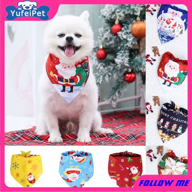 Christmas Pets Saliva Towel Cartoon Santa Claus Print Dog Bib Cat Christmas Dress Up Cotton Triangle Scarf Animals Happy New Year Gifts