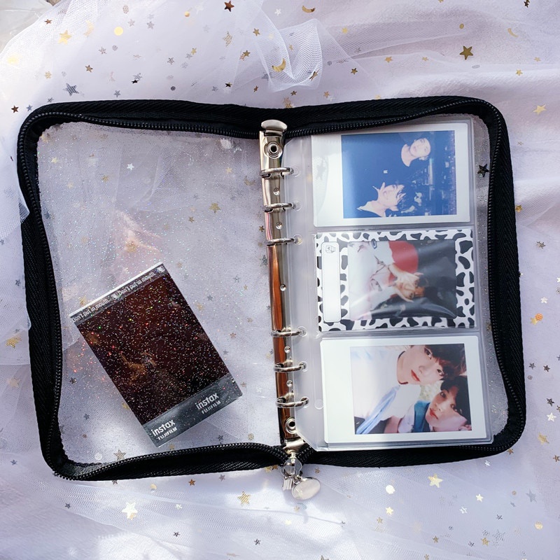 A6 A5 Zipper Binder Kpop Transparent Glitter Photocard Binder DIY Album Foto 6 Lubang Loose-Leaf Bag Organizer Notebook Stationery