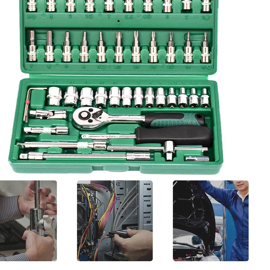 Kunci Sok Set 46 PCS kunci Shock Set 60 HRC Alat Perbaikan mobil set 46 pcs 1/4-Inch Cr-V Socket Set